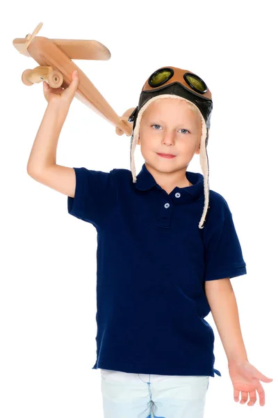 Menino bonito no piloto do capacete . — Fotografia de Stock