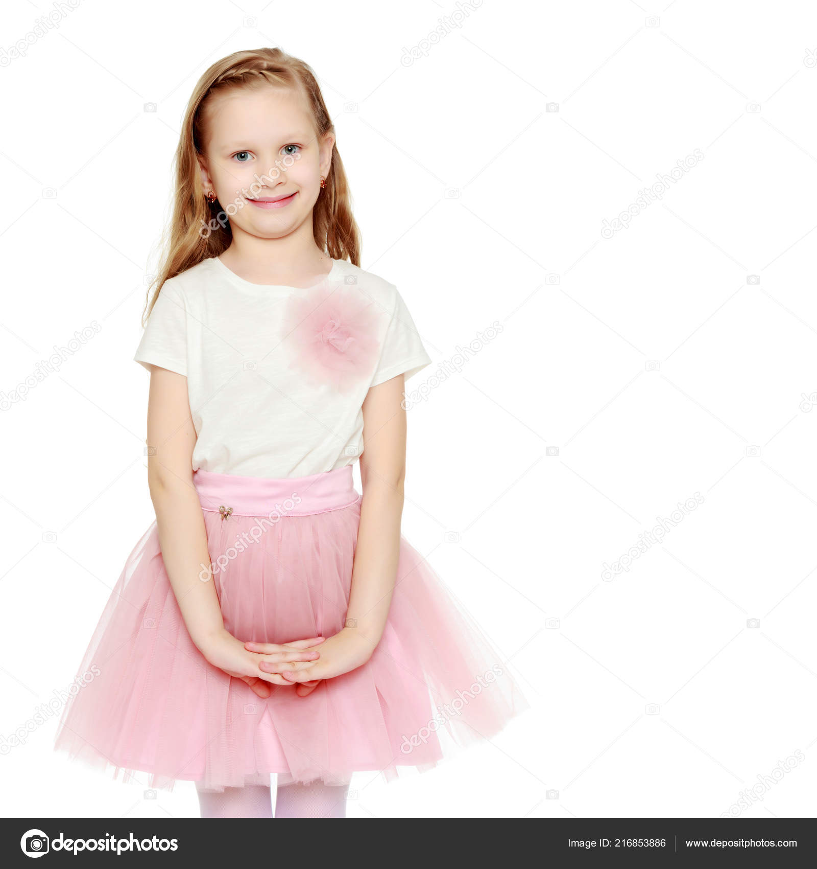 Beautiful Little Blonde Girl Long Hair Lush Short Pink Skirt