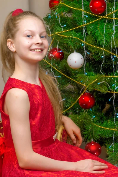 Das Mädchen am Weihnachtsbaum. — Stockfoto