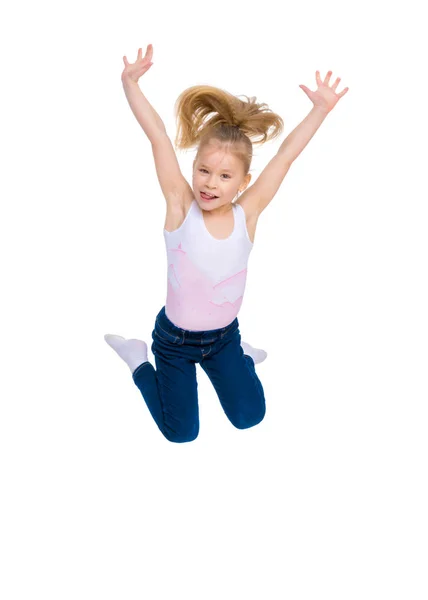 Girl gymnast jumping. — Stock Photo, Image