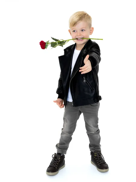 एक छोटा लड़का अपने हाथ में एक फूल रखता है . — स्टॉक फ़ोटो, इमेज