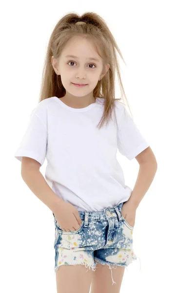 Emotional little girl in a clean white T-shirt. — Stock Photo, Image