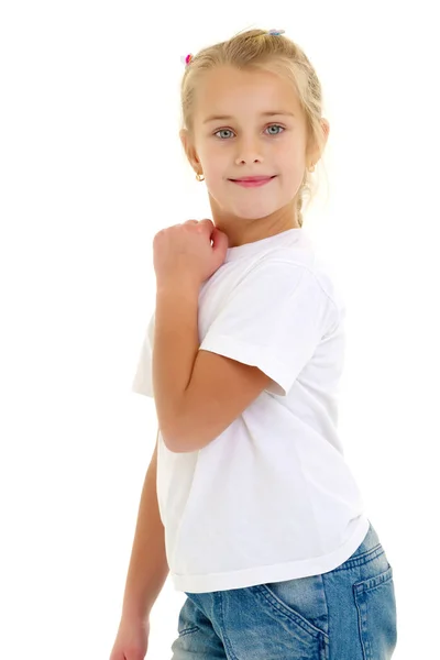 一个迷人的小女孩双手环绕着脸 美与时尚的概念 儿童的情感 因白人背景而被隔离 — 图库照片