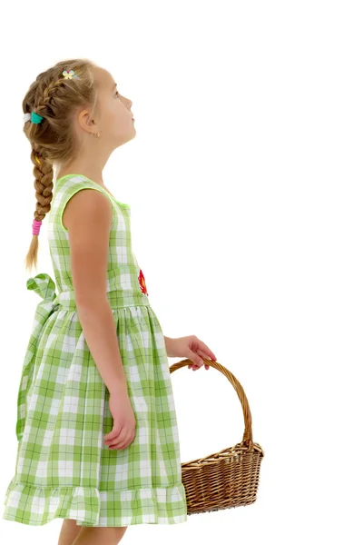 Kleines Mädchen Mit Einem Weidenkorb Aus Weidenzweigen Das Konzept Der — Stockfoto