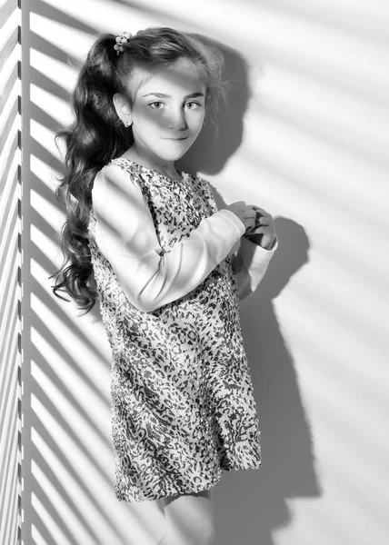 Retrato de una niña en los rayos de luz . — Foto de Stock