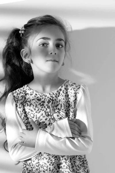 Porträt eines kleinen Mädchens in den Strahlen des Lichts. — Stockfoto