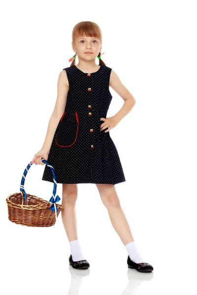Маленькая девочка с плетеной корзиной — стоковое фото