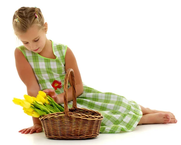 Cute little girl with a basket of flowers. — Stock Photo, Image