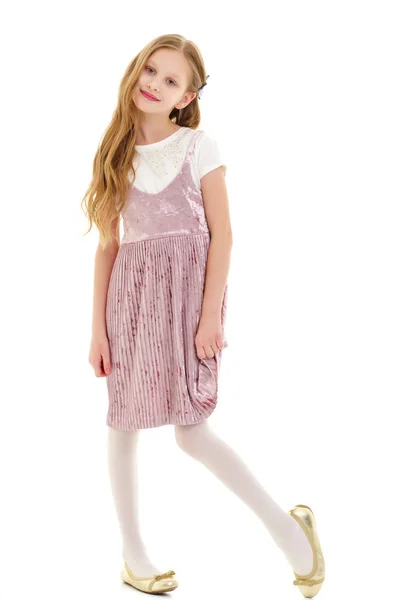 Gyönyörű kislány elegáns ruhában, teljes növekedésben.. — Stock Fotó