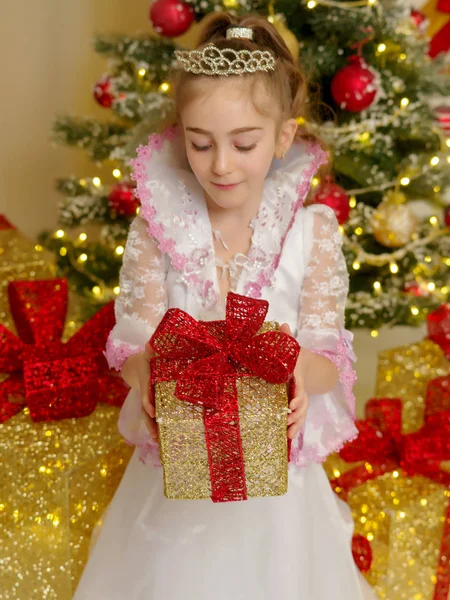 Niña cerca del árbol de Navidad con un regalo. — Foto de Stock