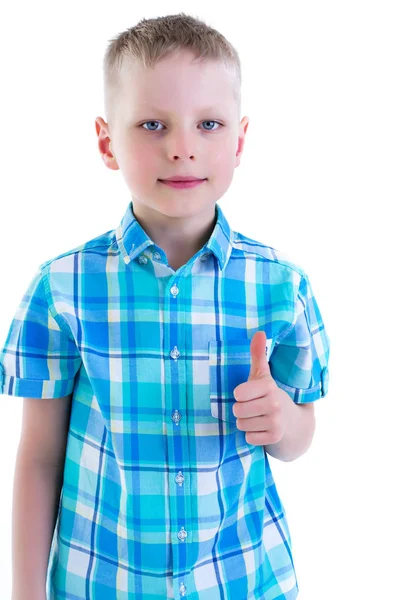 Un niño pequeño sostiene un dedo hacia arriba.El concepto de emoción y t —  Fotos de Stock