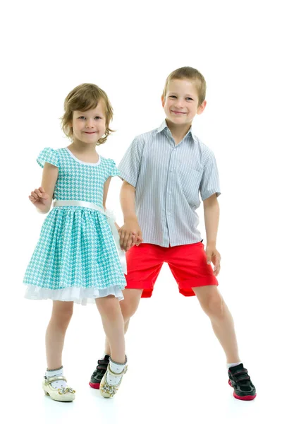 Broer en zus, jongen en meisje poseren in de Studio. Friendshi — Stockfoto