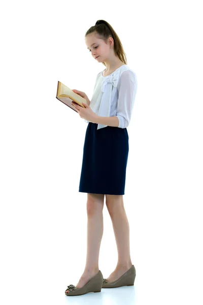 Menina bonito com um livro em suas mãos, o conceito de litera — Fotografia de Stock