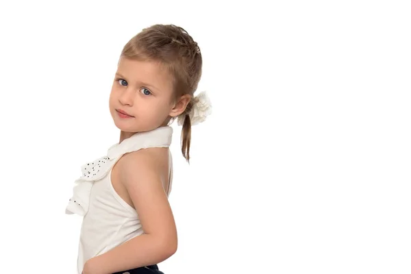 Little girl in a pure white t-shirt for advertising and shorts. Stock Photo  by ©lotosfoto1 254140062