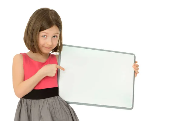 Niña está mostrando un finger.The concepto de bienes de publicidad — Foto de Stock