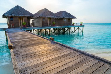 Tropikal kıyılarında kulübelere giden ahşap köprüler