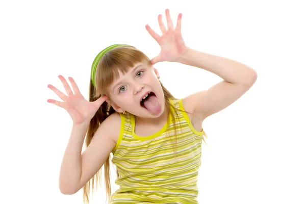 Isolated on white background.Cheerful little girl gesticulating. The concept of a holiday, emotions and psychology. Isolated on white background. — Stock Photo, Image