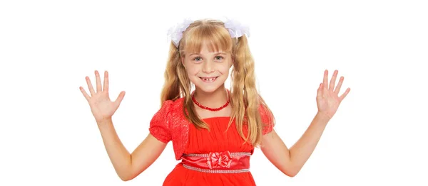 Portret van een klein meisje close-up.Geïsoleerd op witte achtergrond. — Stockfoto