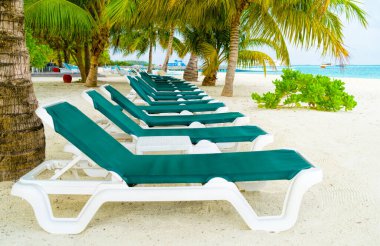 Maldivler 'de güzel bir tropik plajda şezlonglar.