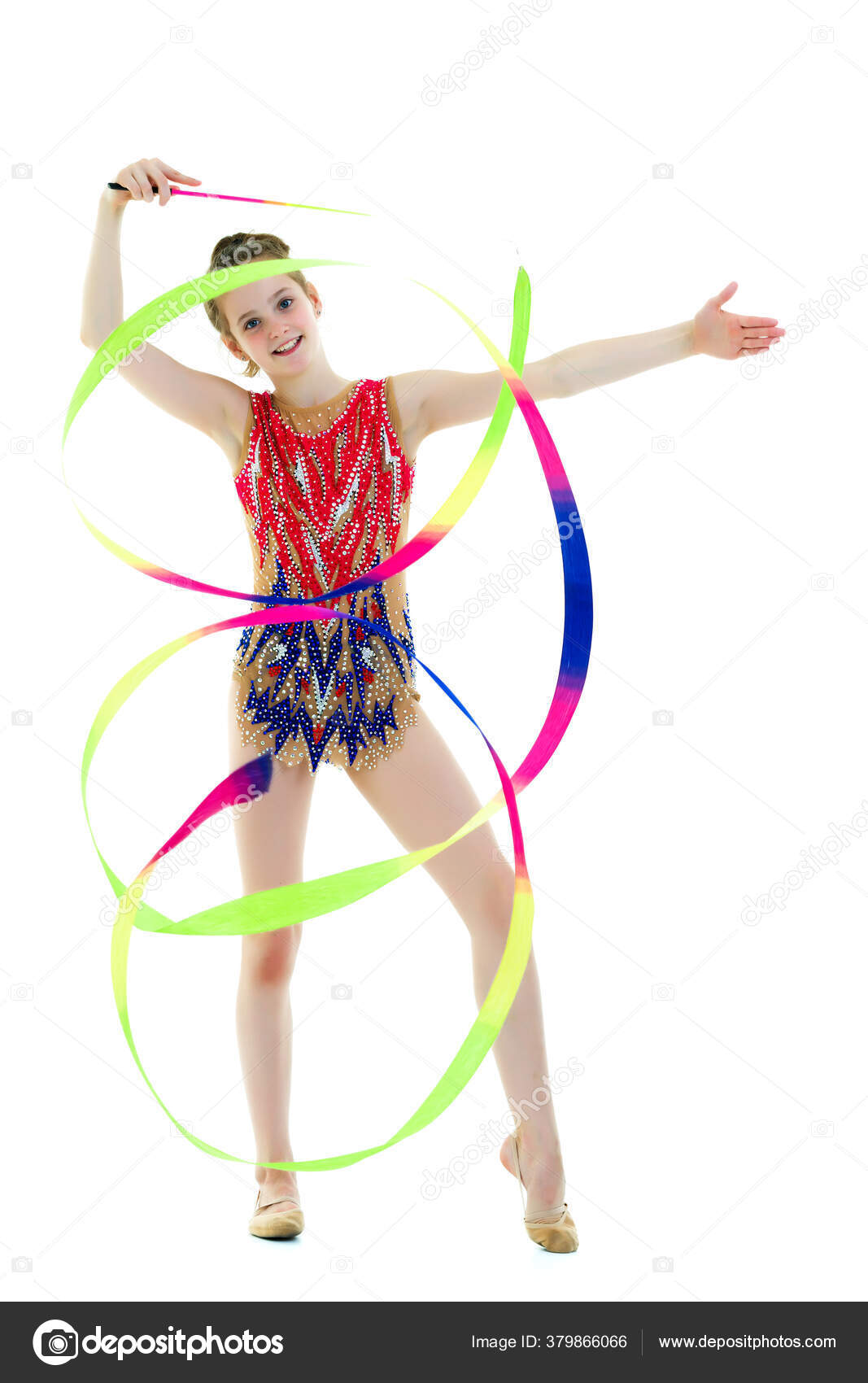 Girl gymnast performs exercises with tape. Stock Photo by ©lotosfoto1 379866066