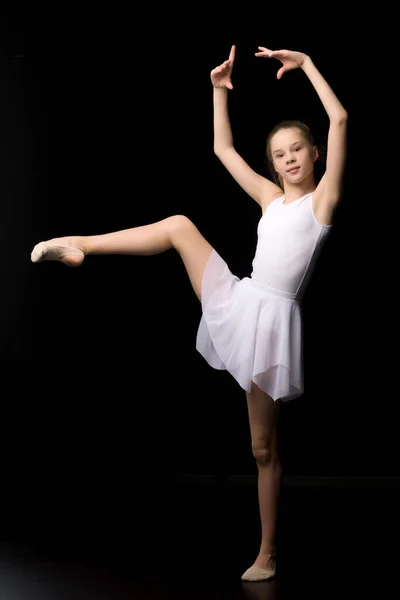 Full length portrait of a charming gymnast girl in elegant dress. — Stock Photo, Image