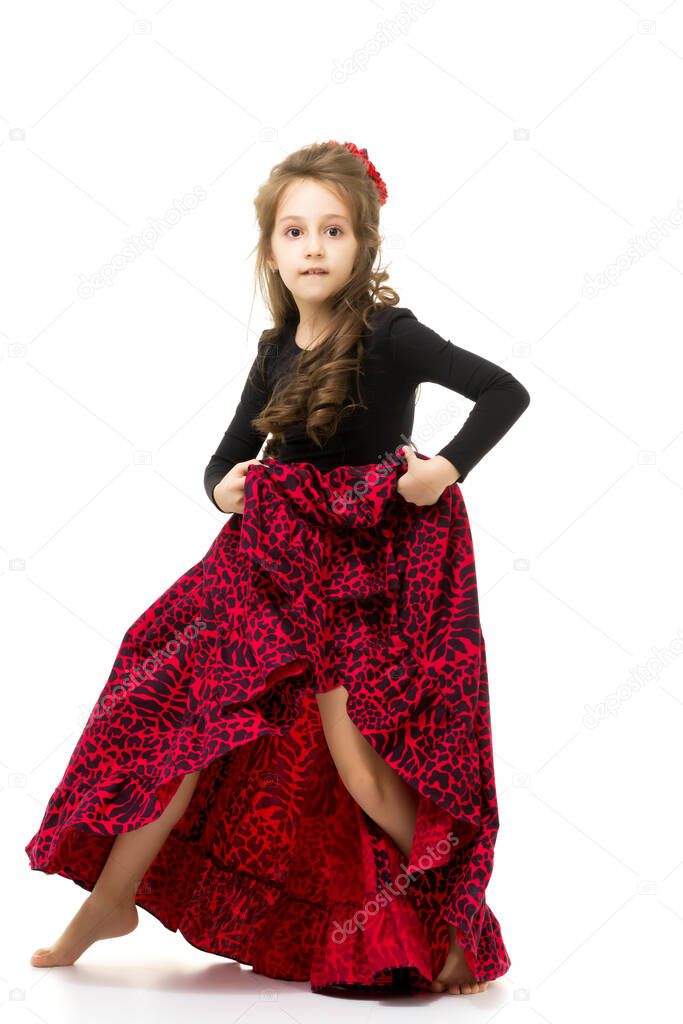 Beautiful Long Haired Girl Wearing Black and Red Long Dress