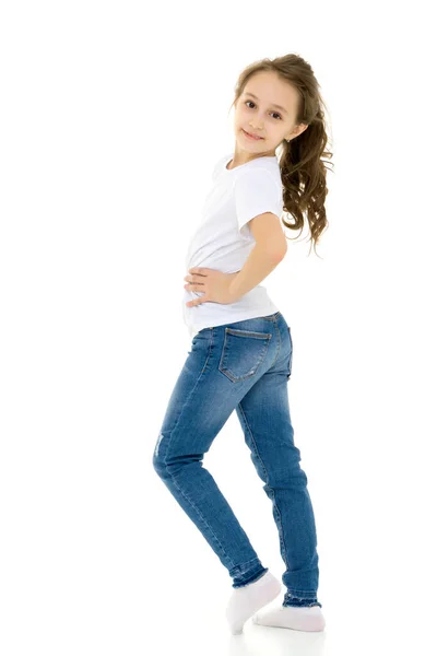 Pretty Stylish Girl with Ponytail Standing with Hands on Her Waist. — Stock Photo, Image