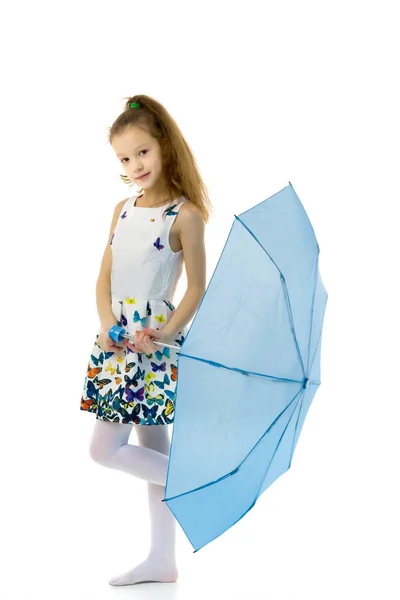 Cute little girl with umbrella. Weather forecast concept. — Stock Photo, Image