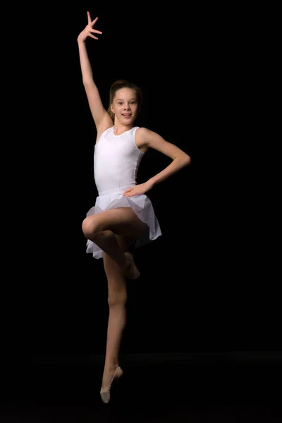 Full length portrait of a charming gymnast girl in elegant dress. — Stock Photo, Image