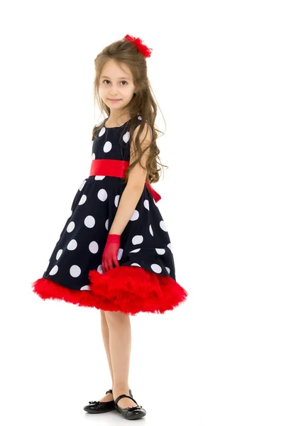Front View Porträtt av flicka i Retro Style Polka Dot Dress — Stockfoto