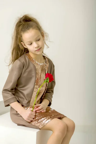 Mooi meisje zitten met haar hoofd gebogen naar de zijkant met een roos bloem — Stockfoto