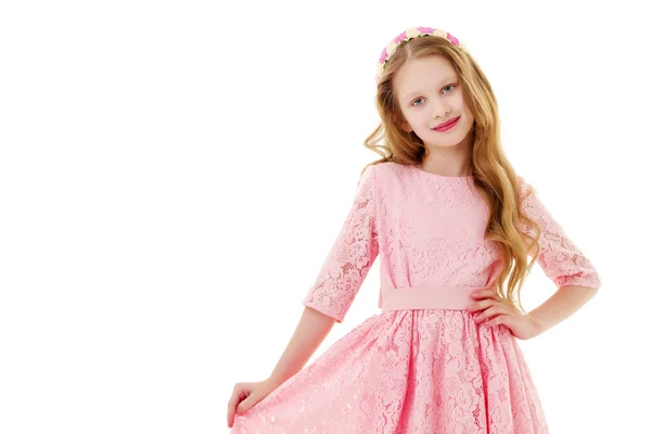 Little girl in an elegant dress. Close-up. Isolated on a white background. — Stock Photo, Image