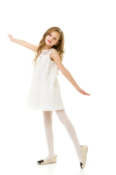 Rare View of Long Haired Girl Wearing Beautiful White Lace Dres — Stock Photo, Image