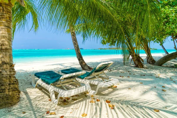 Lounge székek egy gyönyörű trópusi strandon a Maldív-szigeteken — Stock Fotó