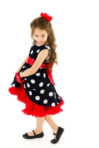 Front View Portrait of Girl in Retro Style Polka Dot Dress — Stock Photo, Image