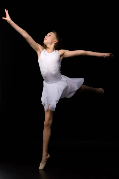 Full length portrait of a charming gymnast girl in elegant dress. — Stock Photo, Image