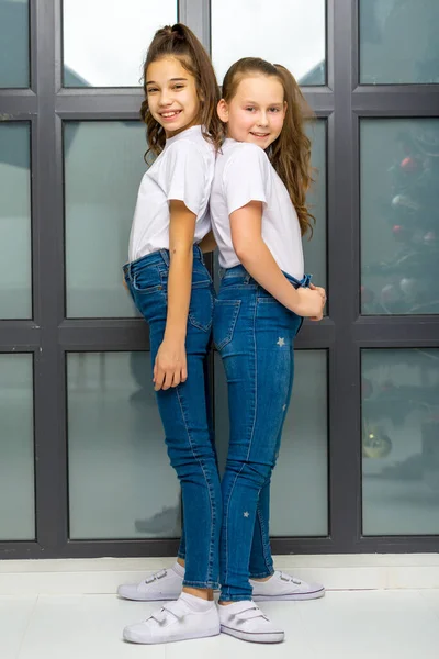 Dos niñas lindas posando en el estudio cerca de una ventana grande. —  Fotos de Stock