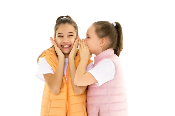Deux jolies petites filles partagent des secrets dans l'oreille de l'autre. — Photo