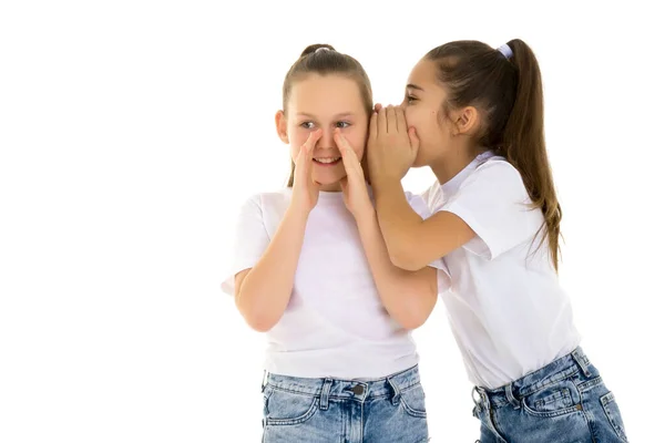 Duas meninas alegres compartilham segredos um no outro s orelha. — Fotografia de Stock