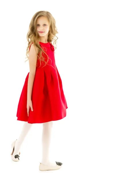 Full Length Portrait of Pretty Preteen Girl Standing Looking to Side. — Stock Photo, Image