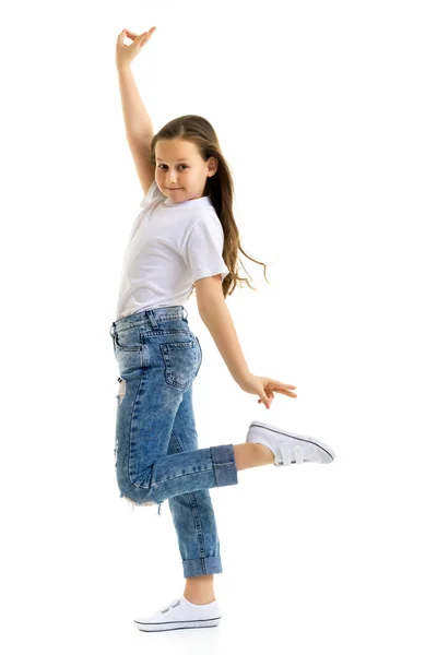 Menina alegre com braços levantados.Isolado no fundo branco. — Fotografia de Stock