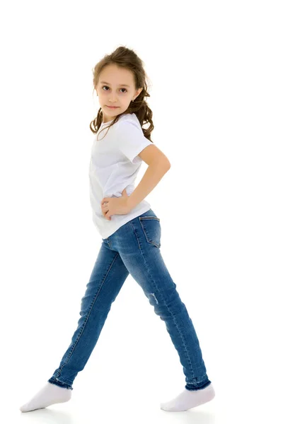 Pretty Stylish Girl with Ponytail Standing with Hands on Her Waist. — Stock Photo, Image