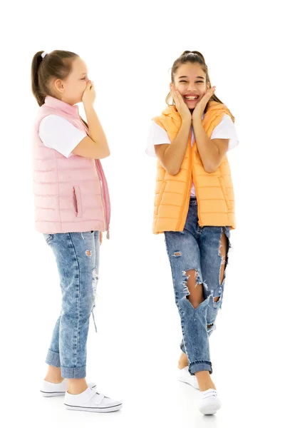 Zwei fröhliche kleine Mädchen teilen einander Geheimnisse ins Ohr. — Stockfoto