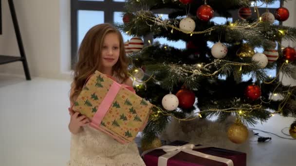 Щаслива усміхнена дівчина стоїть перед різдвяною ялинкою з подарунком — стокове відео