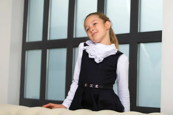 Bela menina estudante posando em estúdio perto de uma grande janela. — Fotografia de Stock