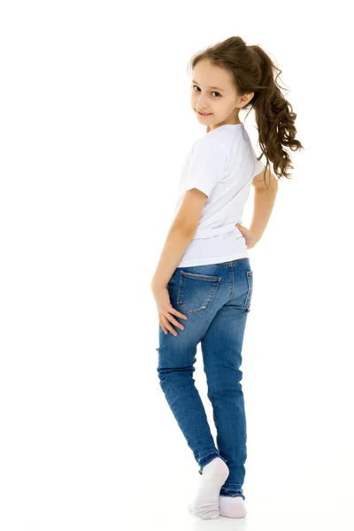 Pretty Stylish Girl with Ponytail Standing with Hands on Her Waist. — Stock Photo, Image