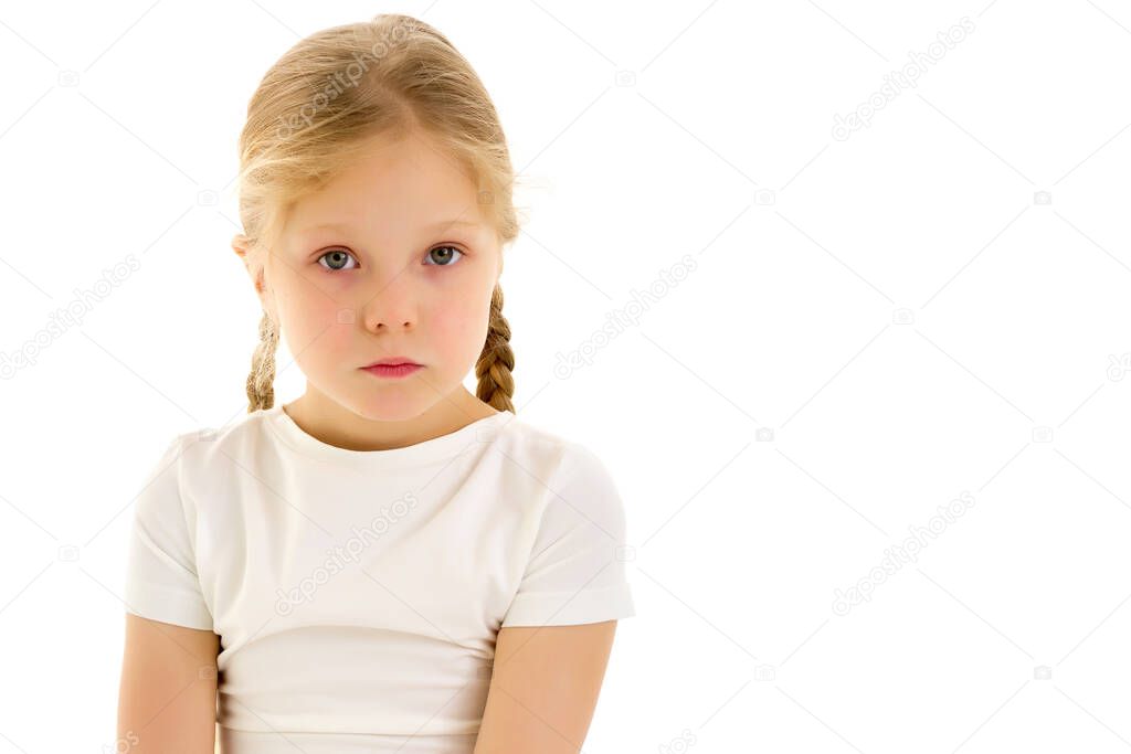 Little girl in a pure white T-shirt for advertising