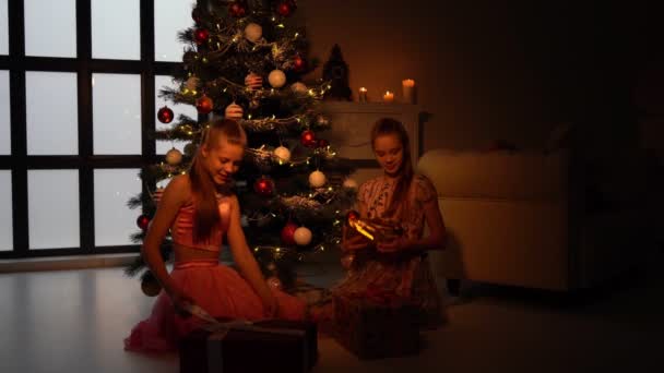 Adorables hermanas sonrientes sentadas una enfrente de la otra en el árbol de Navidad. — Vídeo de stock