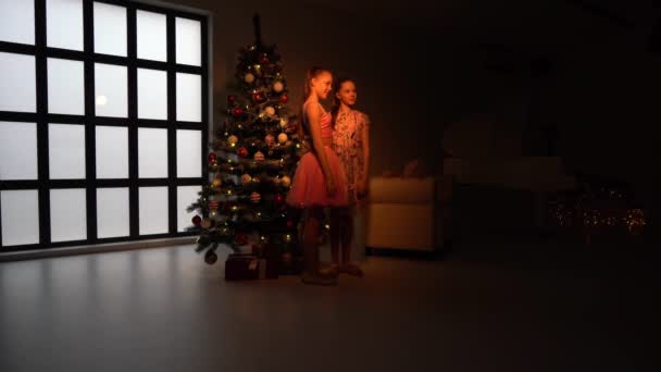 Lachende zusters staan samen en knuffelen in de buurt van de kerstboom. — Stockvideo