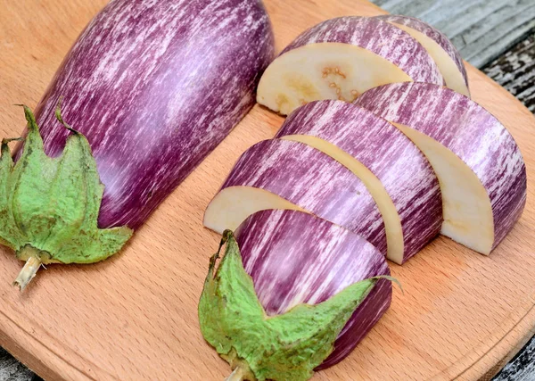 Cut Eggplant Wooden Table — Stock Photo, Image